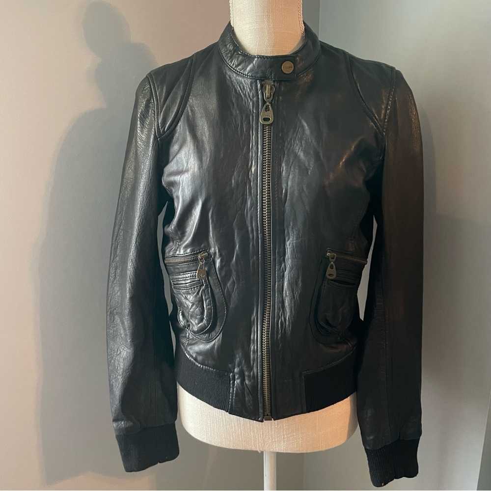 Doma black leather bomber Moto jacket with aged-gold zipper pockets, L